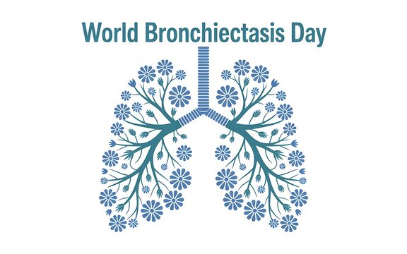 Bronchiectasis day with human lungs made of blue branches and flowers on white background, area