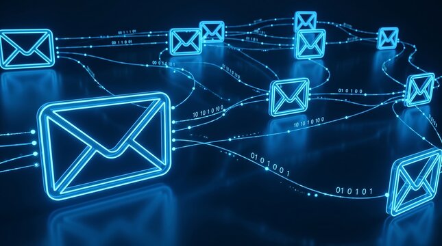 Glowing blue digital email icons connected by network lines and binary code data streams representing global internet communication and electronic mail flow in cyberspace environment