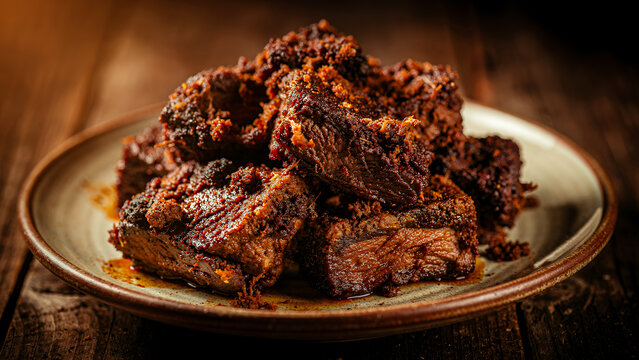Indonesian beef rendang, a richly spiced dish served on a traditional ceramic plate against a rustic wooden table backdrop. Rendang is a truly delicious dish.