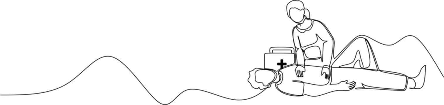 One line continuous vector drawing of a woman giving emergency CPR compression to a person on the ground.
