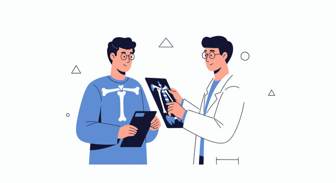Doctor consulting patient, showing x-ray scan of spine and bones