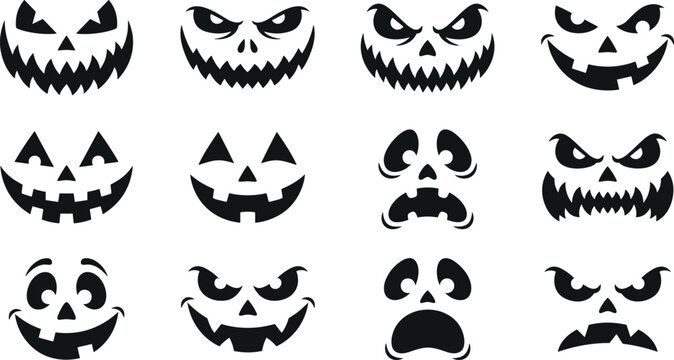 Halloween pumpkin carving faces silhouette set with spooky scary and funny emotions expressions for holiday decoration vector illustration