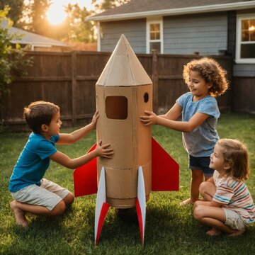 Children building cardboard rocket ship in backyard