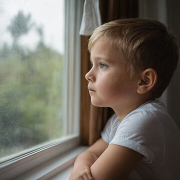 Child looking out bedroom window imagining future inventions in calm home environment