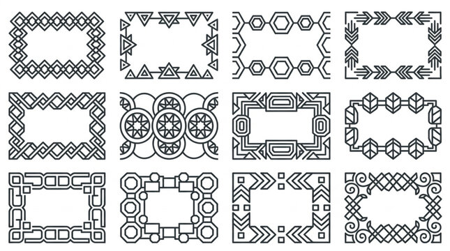 Collection of twelve decorative geometric borders and frames in black and white outline style.