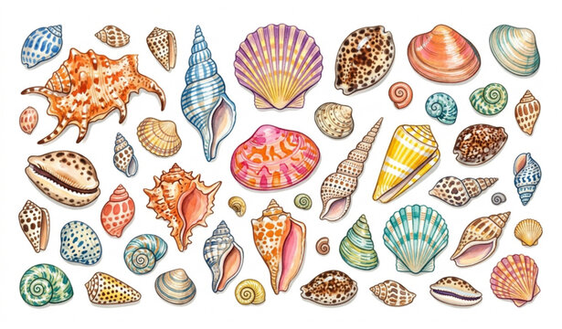 Watercolor seashell collection illustration diverse marine mollusk species
