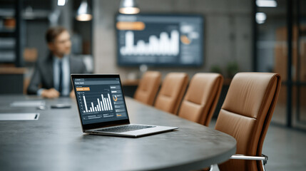 Obraz premium futuristic business conference with holographic analytics dashboard and corporate technology atmosphere