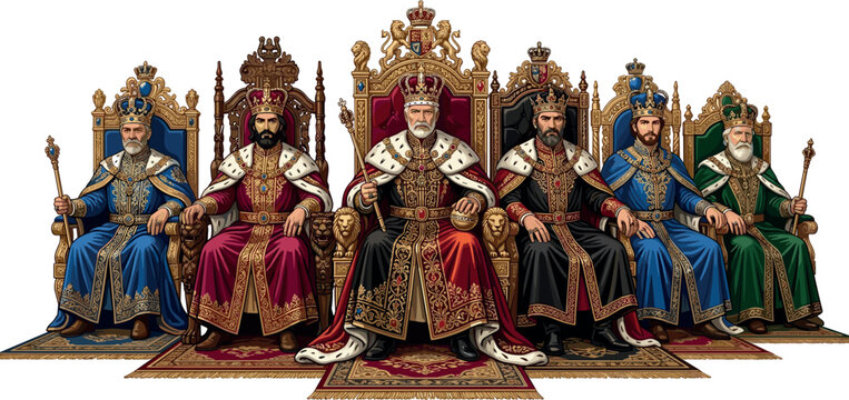 Group of medieval royal kings with crowns sitting on golden thrones in council meeting isolated vector illustration on white background