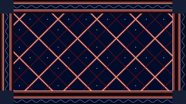 Traditional Indonesian Ulos Batak Woven Fabric Pattern with Geometric Cross Lines and Ethnic Beadwork Texture on Navy Blue Background