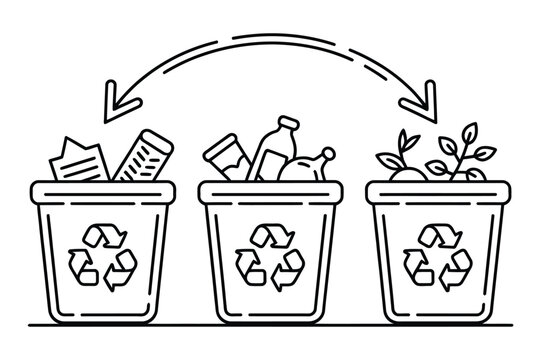 Waste recycling concept with trash bins for different materials recycling pollution