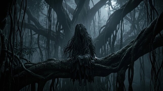 a female ghost sitting in a large, shady tree