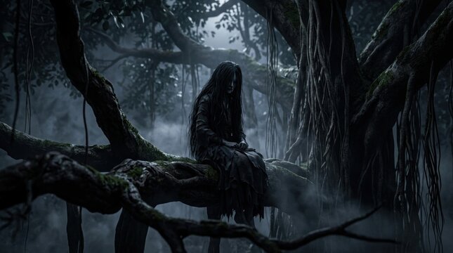 a female ghost sitting in a large, shady tree