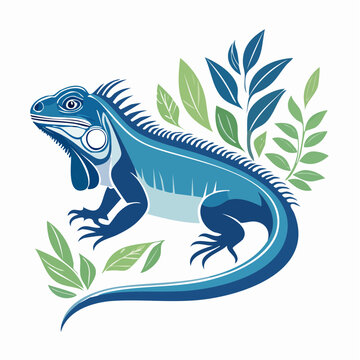 Stylized Blue Iguana with Green Leaves