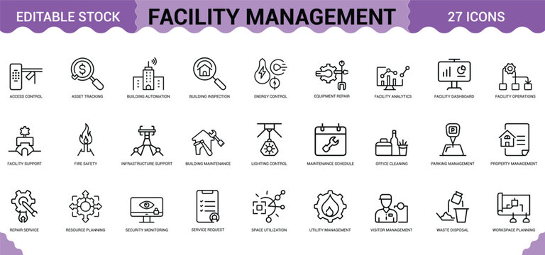 Facility management icon set for building maintenance operations and commercial space planning.