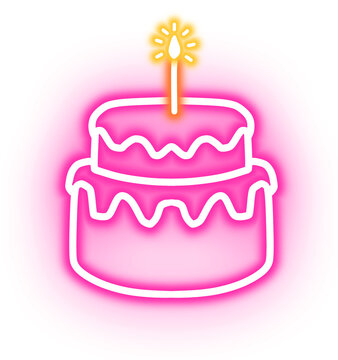 Neon birthday cake with candle icon isolated on transparent background for party celebration 