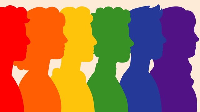Colorful Pride Month footage featuring rainbow human silhouettes symbolizing diversity, equality, inclusion, and unity on a soft pastel background. Perfect for LGBTQ campaigns and celebration content.