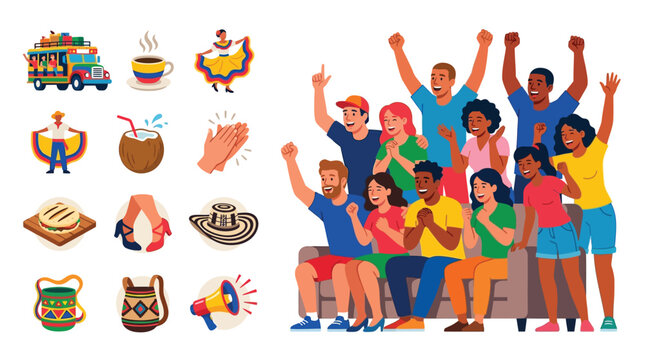 Diverse Group of Colombian Sports Fans Cheering on a Couch Together with Cultural Icons Including a Chiva Bus, Coffee, Traditional Dancer, Sombrero Vueltiao, and Arepa Flat Illustration