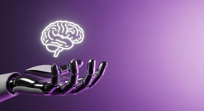 Robotic hand holding a glowing digital brain icon representing artificial intelligence and machine learning technology on a purple background.