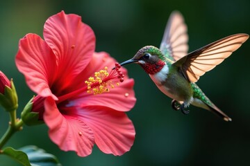 Fototapeta premium Tiny nectar-filled hibiscus petals flutter around a hummingbird-like creature, insects, hybrid