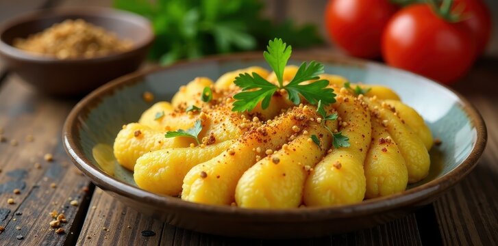 Traditional Arabic esfiha garnished with sumac and parsley on a rustic wood table , parsley, wood table