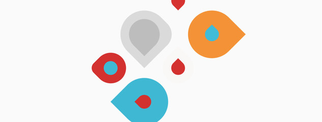 Fototapeta premium Colorful droplets scattered across white background. Shapes vary in size, hue, creating playful composition. Minimalist design.