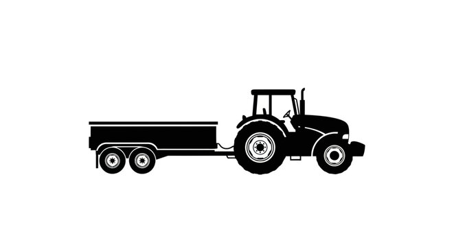 Silhouette of a tractor pulling a trailer on a white background