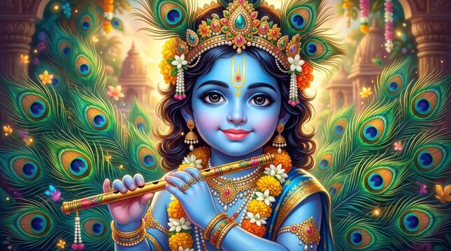 Divine lord krishna with peacock feathers and flute digital art