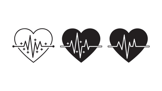 Heart Shapes with Electrocardiogram Lines and Positive Symbols Vector Icons