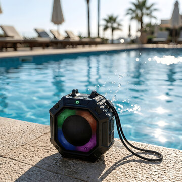 Portable speaker with colorful RGB lights splashing water at the edge of a luxury swimming pool
