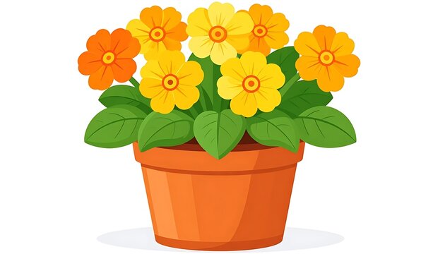 A cartoon orange flower pot with yellow and orange flowers