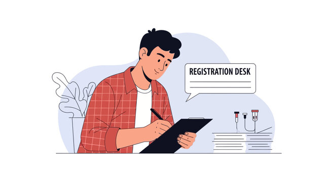Man at Registration Desk Filling Out Form, Flat Design Illustration