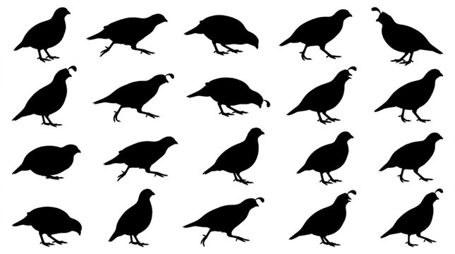 Black silhouette quail birds walking in different poses isolated on white background, Vector