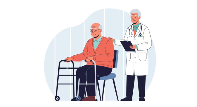 Doctor with medical walker, aged man care, medical consultation, healthcare assistance