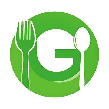 A green circle with a fork, spoon, and letter