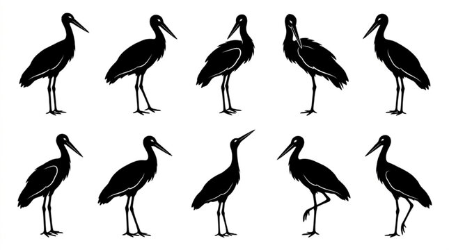 Black stork birds standing in different poses silhouette style isolated on white background, Vector