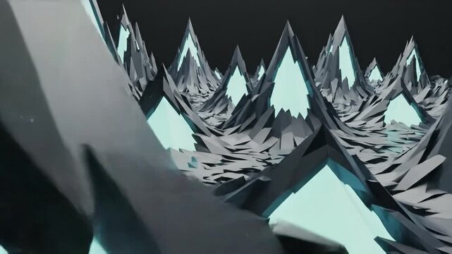Abstract low poly 3D mountain landscape featuring sharp geometric peaks with glowing cyan neon light accents against a dark grey background and jagged terrain.