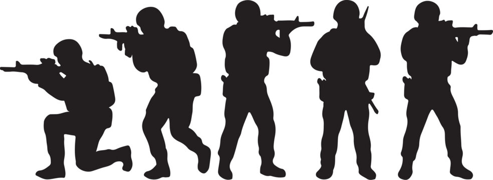 Military soldiers, army combat, black silhouettes, tactical team, gunfight icons, vector graphics