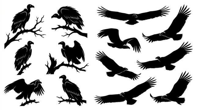 Black and white vector illustrations of vultures and birds of prey in various poses isolated on white background, Vector