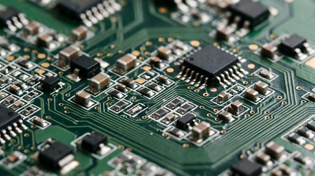 Close-up of a green circuit board with electronic components, technology concept.
