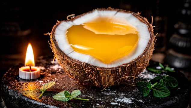 Refreshing Coconut Drink with a Hint of Mint and a Candle's Warm Glow