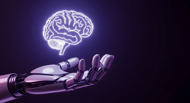 A robotic hand holding a glowing neon brain symbol on a dark background representing artificial intelligence and cognitive computing.