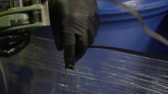 Worker using a strapping tool to secure blue industrial barrels. Professional load securing for transport in a factory setting.