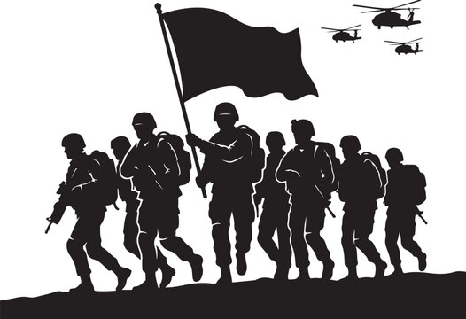 Military soldiers marching, army troops silhouette, infantry with flag, helicopters overhead