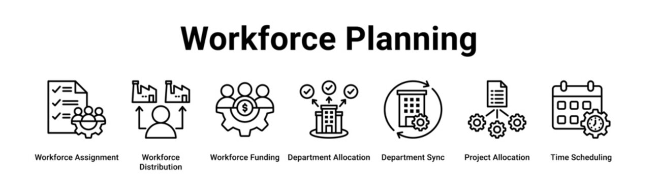 Workforce Planning web banner icon vector illustration concept for industry with icon of Workforce Assignment, Workforce Distribution, Workforce Funding, Department Allocation, Department Sync,.
