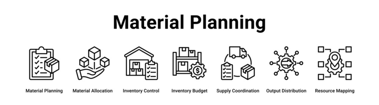 Material Planning web banner icon vector illustration concept for industry with icon of Material Planning, Material Allocation, Inventory Control, Inventory Budget, Supply Coordination, Output.