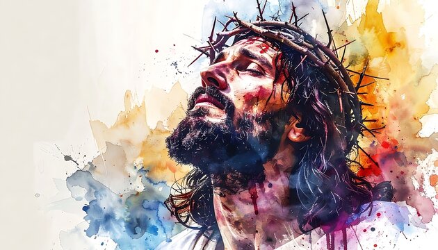 A man with long hair and a crown of thorns looks upwards