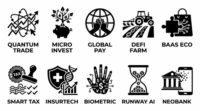 set of 10 black vector icons on a white background, representing various finance and technology concepts, including quantum trade, micro investment, global payment, and more.