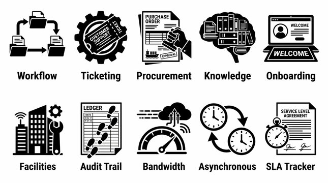 collection of 10 black and white vector icons representing various business processes and management concepts, including workflow, ticketing, procurement, and more.