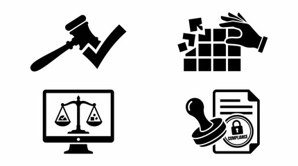 Fototapeta premium vector icons depicting concepts of law, compliance, and business. The icons include a gavel with a checkmark, a hand arranging puzzle pieces, a computer monitor with scale and document with stamp