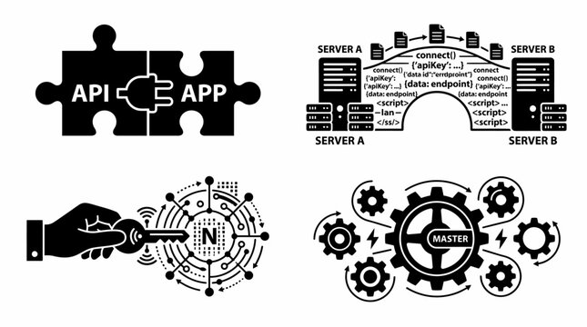 vector set a puzzle piece with API and APP connected by a plug, servers A and B with code and connection lines, holding a key surrounded by network signals, and interlocking gears with a master gear.